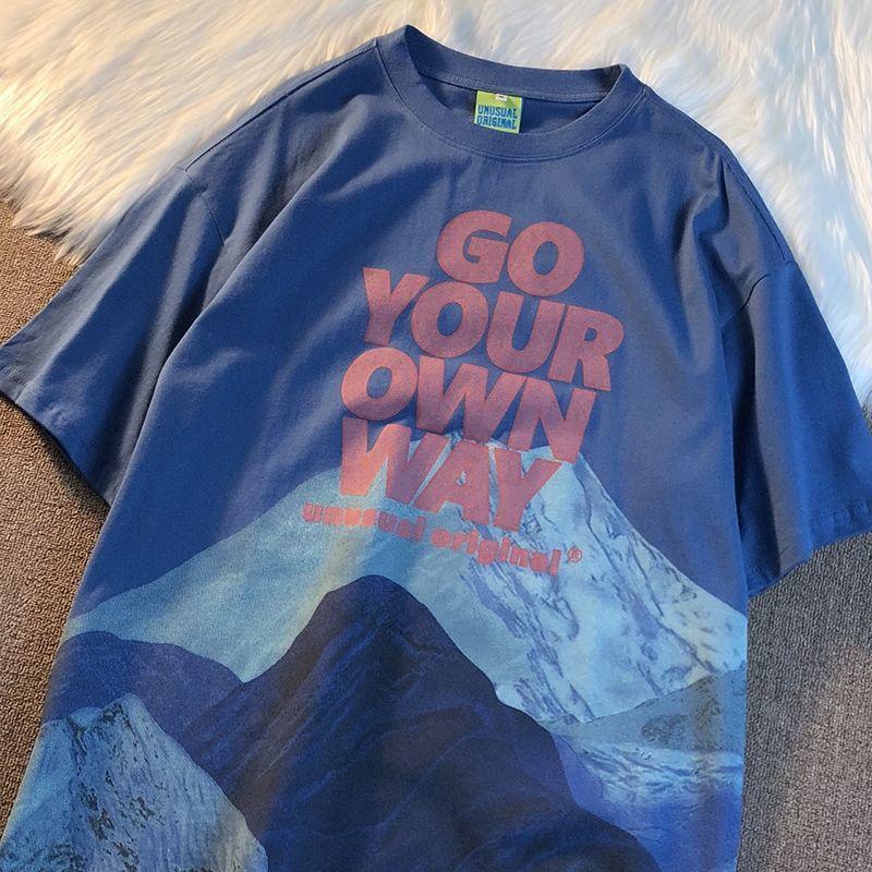 Snow Mountain Printed Short Sleeve T-shirt Men and Women Street Loose Couple Half Sleeve Top