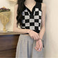 Short Checkerboard Slim Ice Silk Knitted Vest for Women with A Sense of Niche Outside Wearing Polo Collar Sleeveless Top
