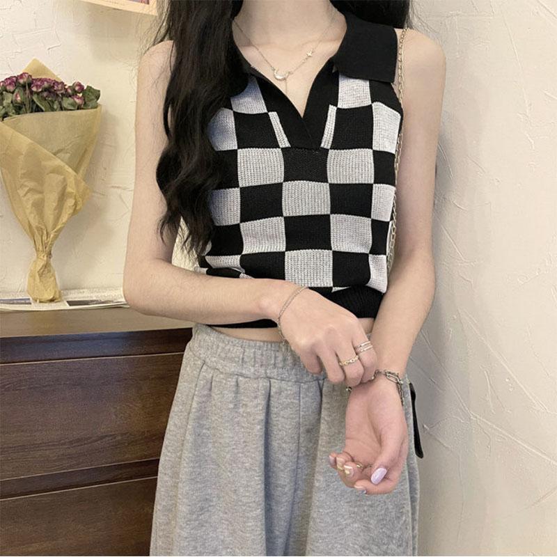 Short Checkerboard Slim Ice Silk Knitted Vest for Women with A Sense of Niche Outside Wearing Polo Collar Sleeveless Top