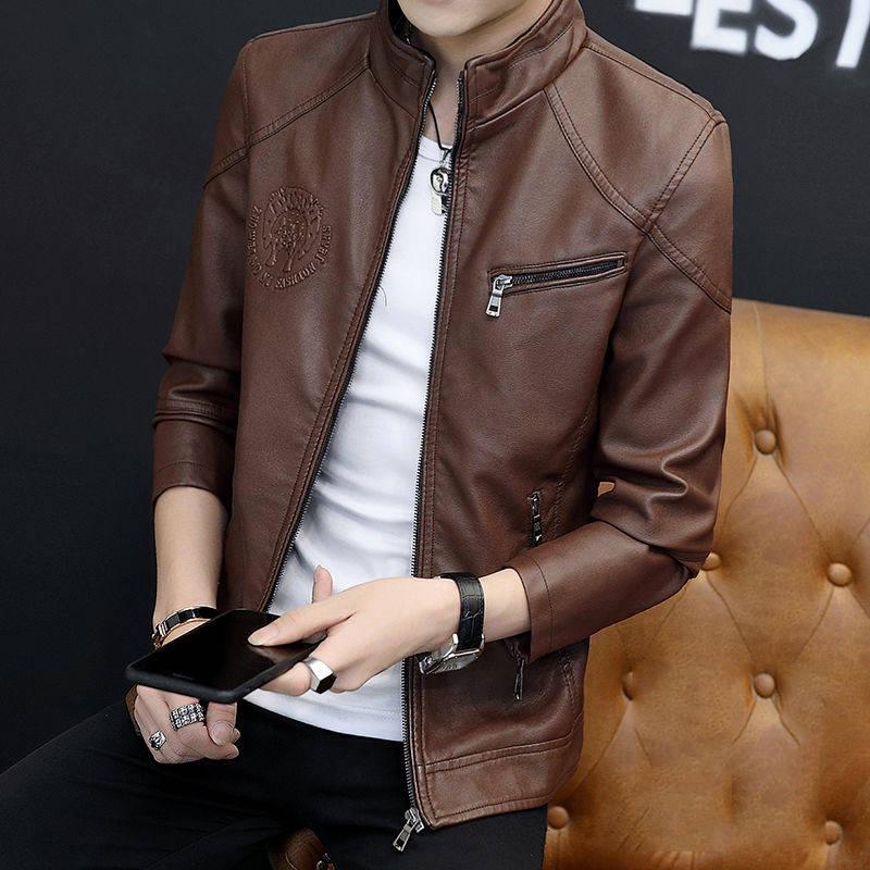 Men's Leather Jackets Slim Stand Collar Zipper Fashion Coat Motorcycle Leather Jacket Mens Coats
