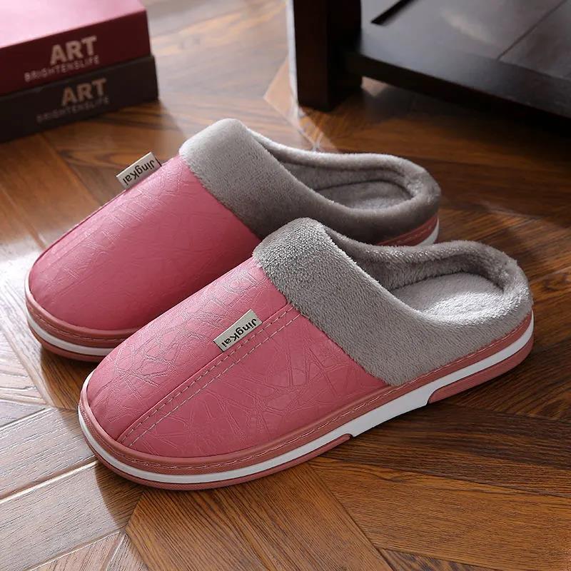 Women Unisex Winter Home Slippers Leather Waterproof Non Slip Slippers Plush Warm Indoor Flat Non-slip Slippers