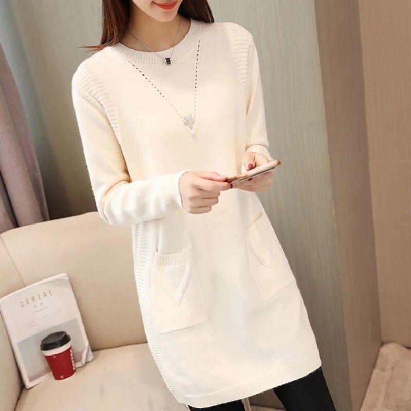 Women's Mid-length Knit Sweater  dress Winter Loose Round Neck Pullover Sweater Thick Knitwear Skirt with Pockets