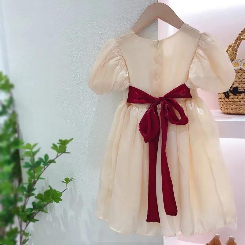 Girls Dress Summer Temperament Solid Color Retro Style Puff Sleeve Princess Dress 4-8 Years Old Girl Sweet Dress A-line Skirt
