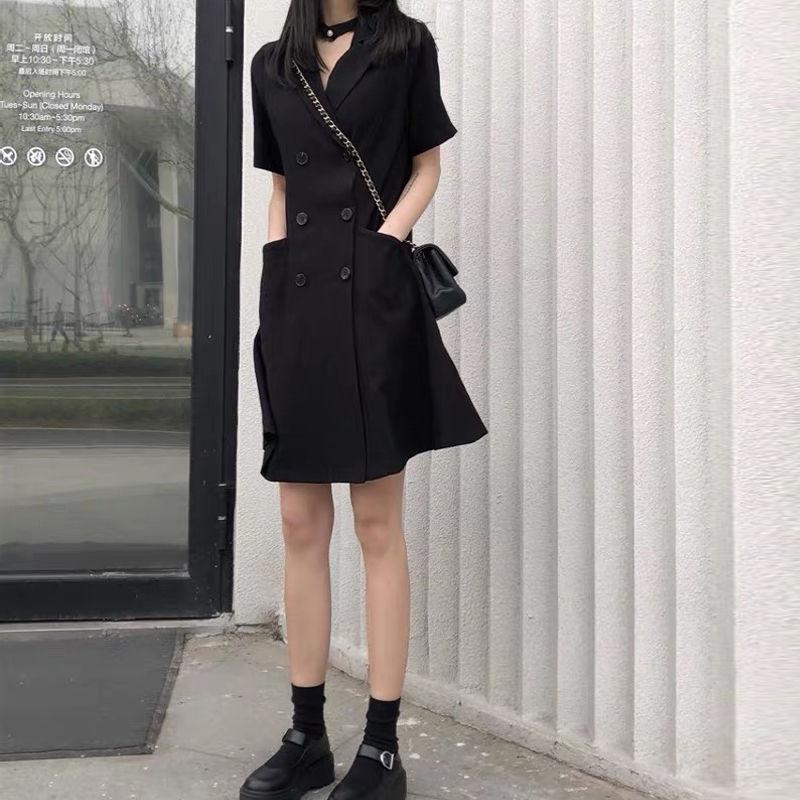 Black Dress Women's Cool Girl Summer Dress Short Sleeve Turn-down Collar Knee-length Daily Wear Office Dating Party
