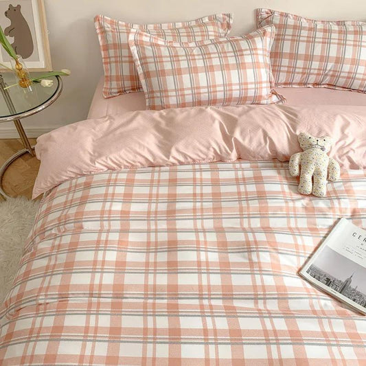 Fashion Simple Cotton Plaid Four-piece Bedding Bedroom Thickening Skin-friendly Quilt Cover Sheet Single Double Dormitory Bedding