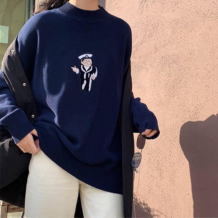 Pofulove Autumn Winter Round Neck Hedging Cartoon Embroidery Sweater Female Loose Knitted Jacket