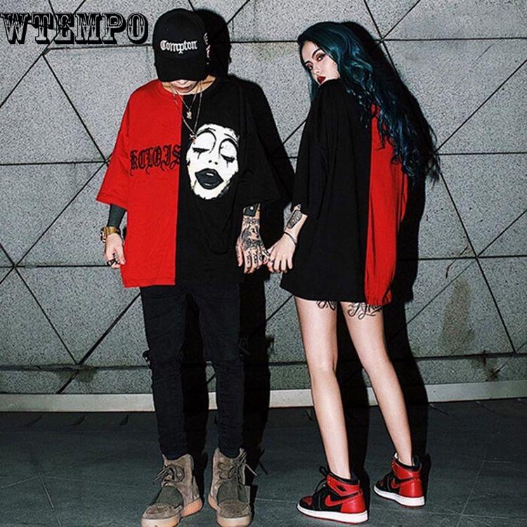 Black and Red Stitching Print Short-sleeved T Shirt Women Embroidery Hit Color Couple