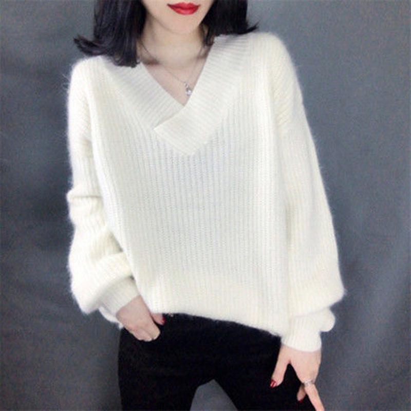 Women V-Neck Pullover Knitwear Sweater Slim Solid Color Sweater Long Sleeve Knit Tops