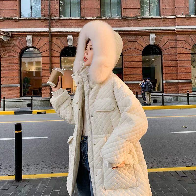 Down Jacket Women's Fluffy Big Fur Collar Hooded Loose Casual White Warm Down Jacket Winter Slim Thick Mid-length Over-the-knee Cotton Jacket