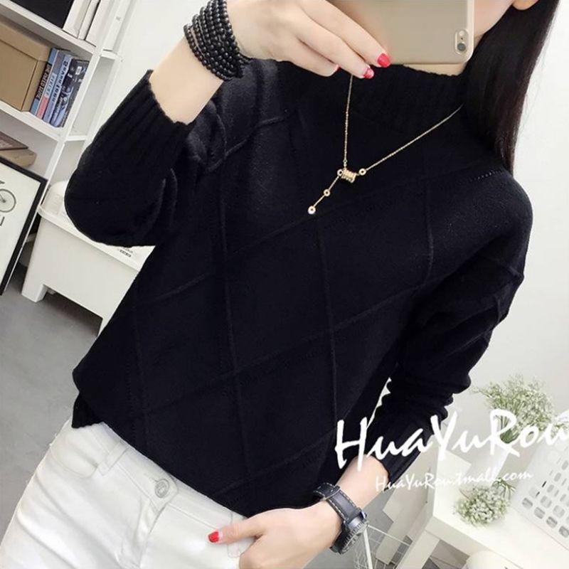 Women Blue Short Long Sleeve Half Turtleneck Pullover Sweater Office Warm Bottoming Shirt