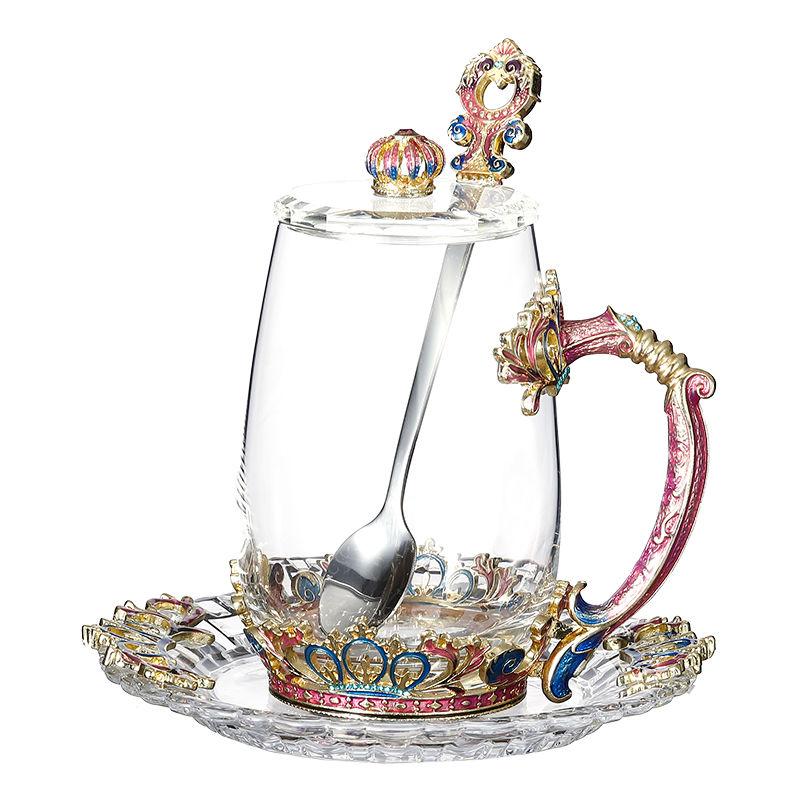 Retro Enamel Color Water Cup Flower Teacup Personality Trend Glass Female Teacup Creative Home Coffee Cup with Lid Spoon