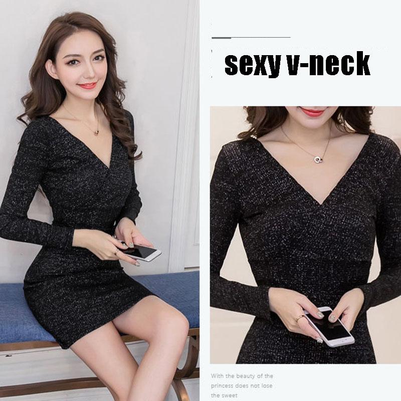 Autumn and Winter Knitted Dress Women V-neck Sexy Wrap Sweater Dress Shiny Bodycon Dress