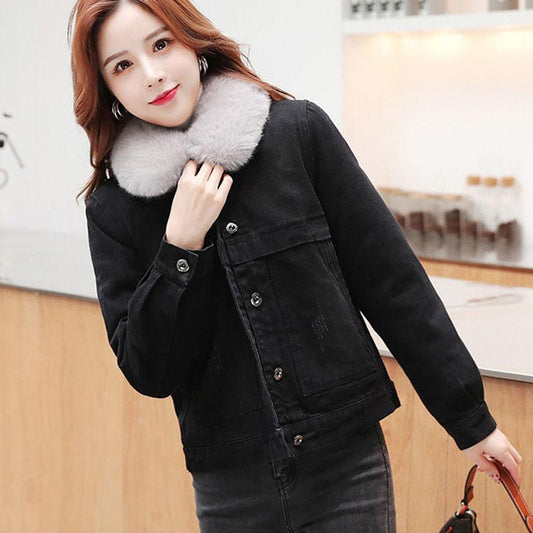 Women's Denim Jacket with Detachable Liner Plus Velvet Padded Winter Coat Loose Denim Cotton Coat Women