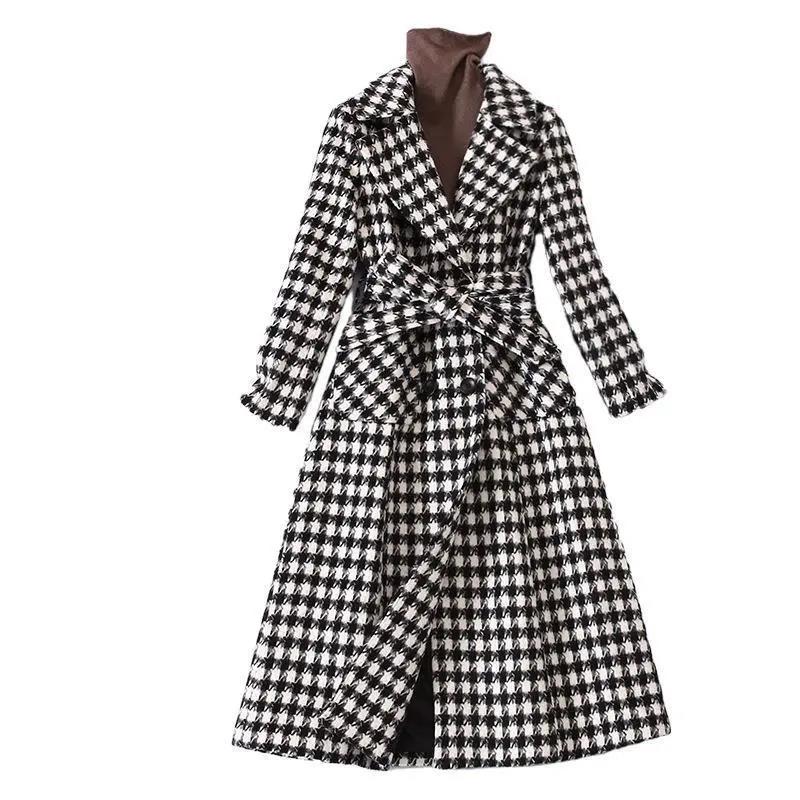 Autumn and Winter Thick Woolen Coat Loose Houndstooth Woolen Coat Women's Mid-length Warm Coat Ladies Temperament Coat