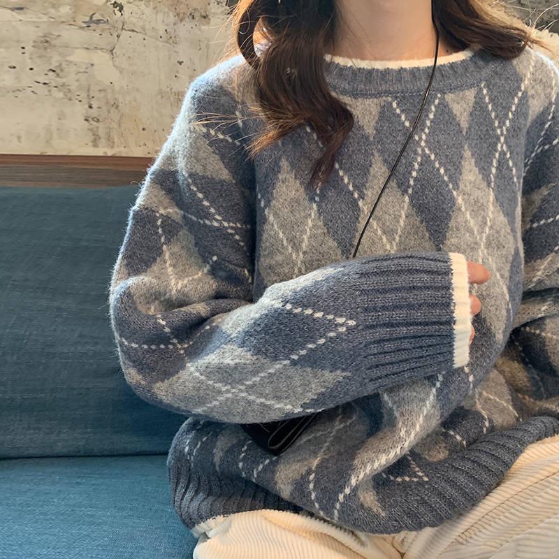 Loose Pullover Sweater Women's Autumn and Winter Retro Diamond Plaid Thick Knitted Sweater