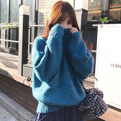Girly ThickenLoos e Skin-friendly Sweater Loose Solid Color Crew Neck Bottoming KnitwearTop