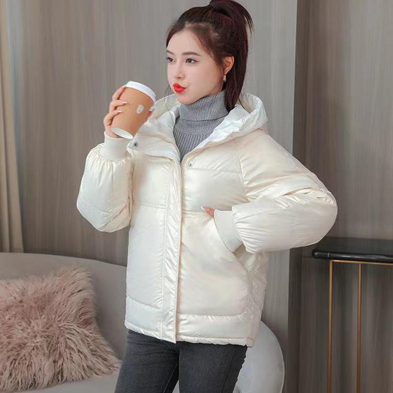 Women's Bright Short Down Jacket Winter Korean Loose Quilted Jacket Casual Stand-up Collar Hooded Down Jacket Quilted Jacket