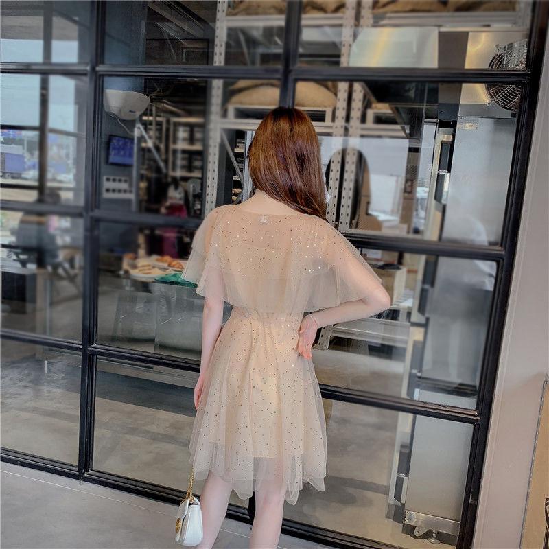 Sexy Sweet Woman A-line Skirts V-neck Veil Decorative Stars Shiny and Beautiful Folds Ruffle Bow Dress Bar Wedding Party