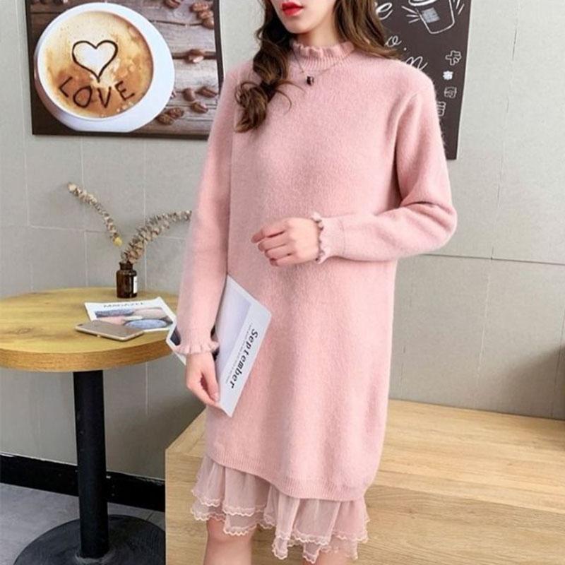 Autumn and Winter Long Lace Sweater Dress Casual Loose Knit Bottoming Shirt Pure Color Simple Female Sweater Dress