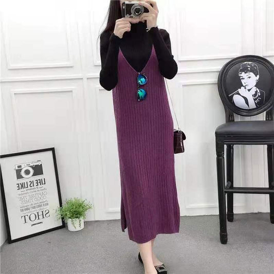 Autumn and Winter Loose Sleeveless Vest Skirt V-neck Mid-length Sweater Skirt Fashion Simple Female Vest Dress