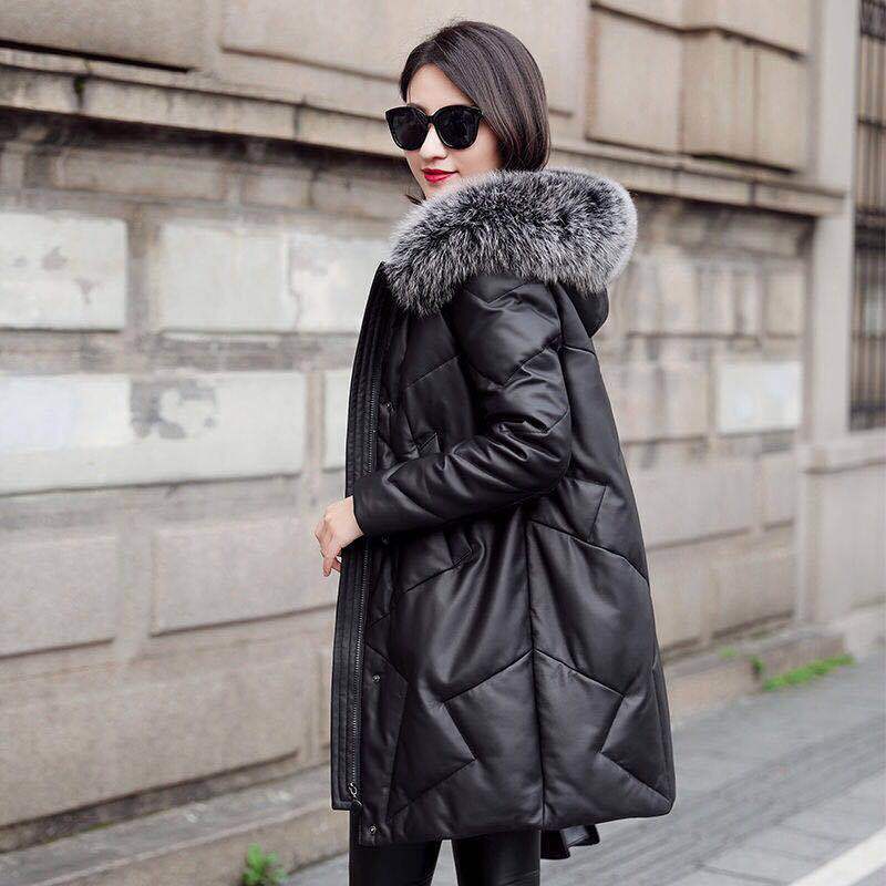 Women's PU Leather Jacket Mid-length Windproof Thick Warm Plus Size Hooded Parka Coat with Detachable Fur Collar Female Overcoat