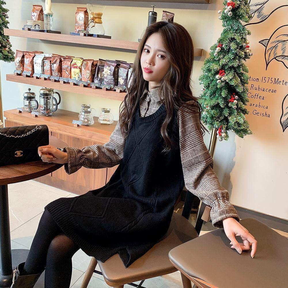 Autumn and Winter Mid-length Loose Sleeveless Sweater Pullover Fake Two-piece Knitted Skirt Bottoming Shirt