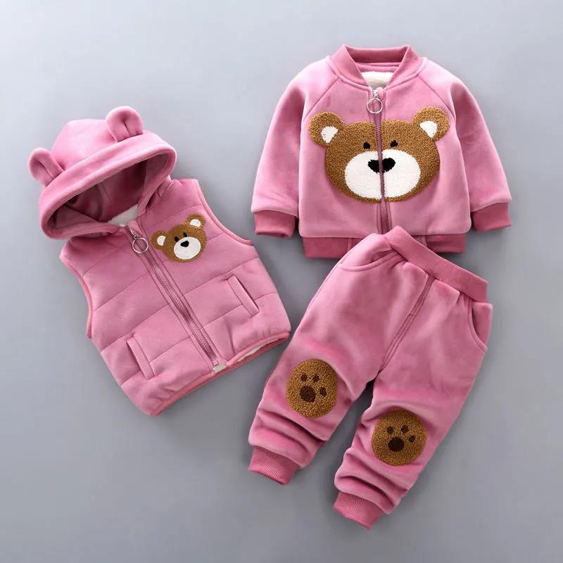Boy's Autumn and Winter Plus Velvet Padded Cotton Three-piece Suit Baby Little Baby Warm Solid Color Fashion Cute Hooded Sweater Cotton Suit