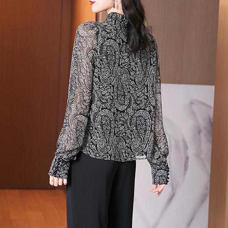 Chiffon Shirt Women's Spring and Autumn Long Sleeve Puff Sleeve Floral Top