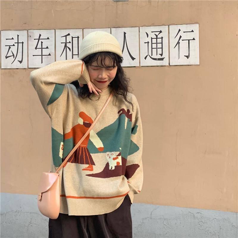 Pofulove Autumn Winter Drop Shoulder Sweater Women Fashion Korean Loose Jacquard Wild Sweater