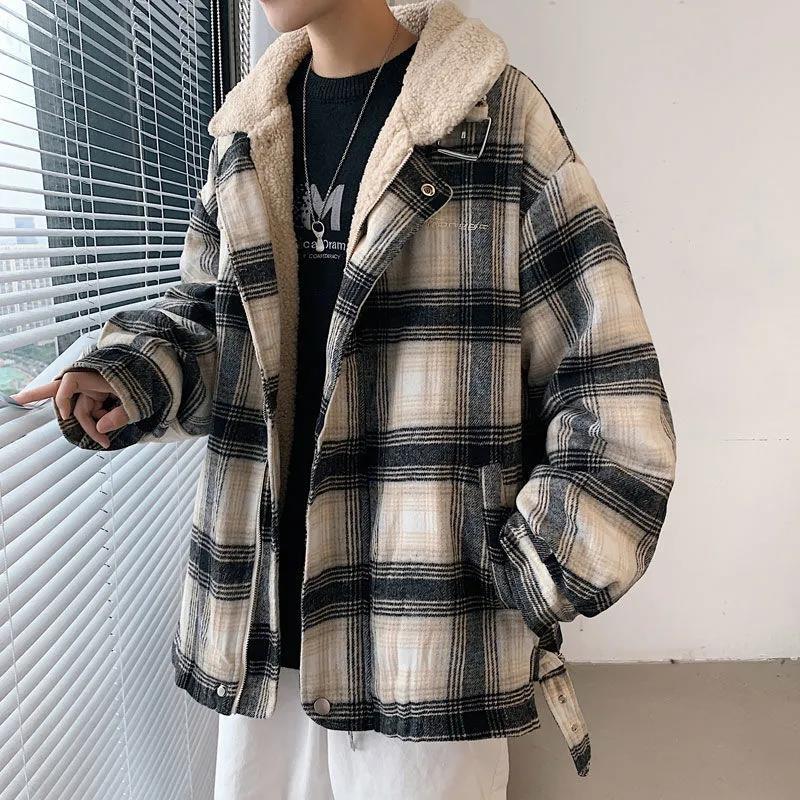 Plus Velvet Plaid Cotton Clothing Men's Thickened Thermal Coat Loose Cotton Coat Men's Jacket Loose Stand Collar Long-sleeved Coat
