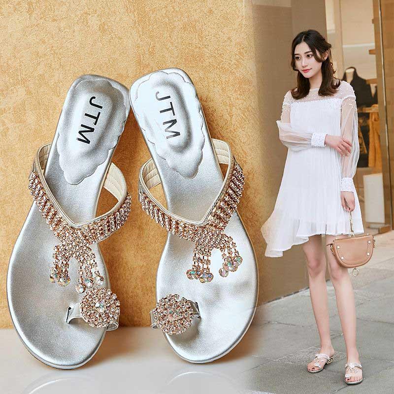 Size 34-41 Summer Women Outdoor Flat Bohemian Beach Flip Flops Wear-resistant Non-slip Office Lady Waterproof Diamond Sandals
