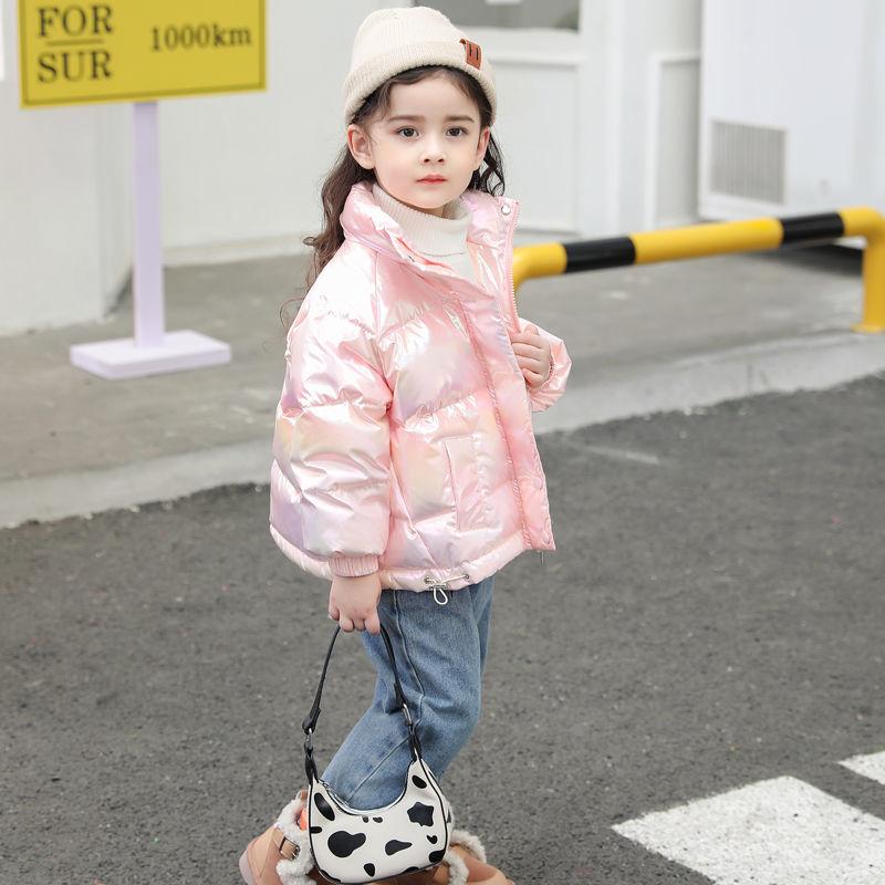 Girls' Shiny Warm and Windproof Cotton Jacket Fleece Padded Hooded Winter Padded Jacket