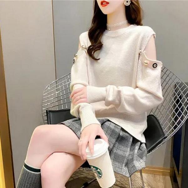 Off-the-shoulder Two-wear Pullover Solid Color Loose Knit Sweater Women's College Style Round Neck Top