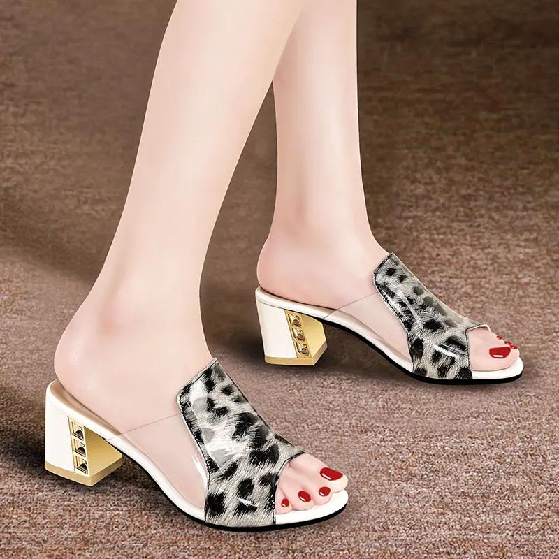 Slippers Women Leopard Transparent Open Toe Sandals Summer Thick Heel Middle Heel Sandals and Slippers All Match Casual Comfortable Slippers