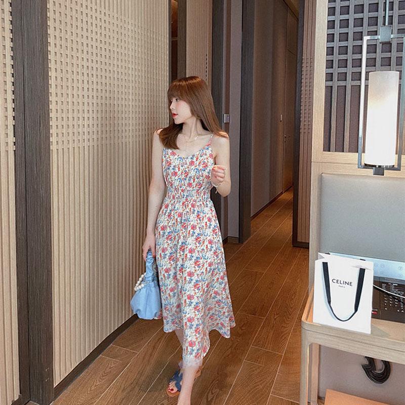 Sweet Tea Girl Chiffon Floral Sling Dress Summer Vacation Style Long Gentle Style Dress