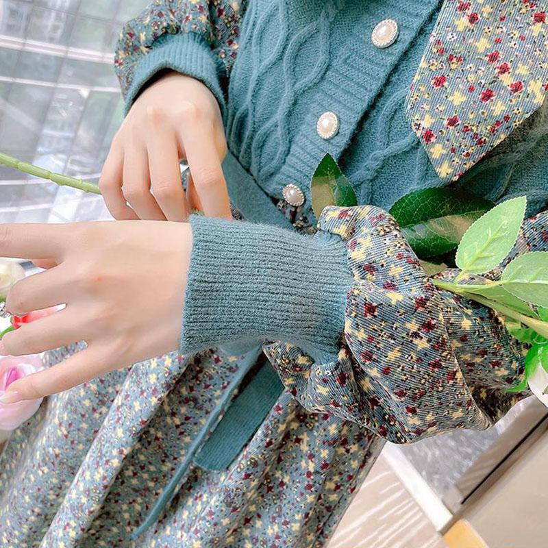 Autumn and Winter Floral Corduroy Dress Stitching Fake Two-piece Woven Waist Tie Bow Coat Sweater Dress
