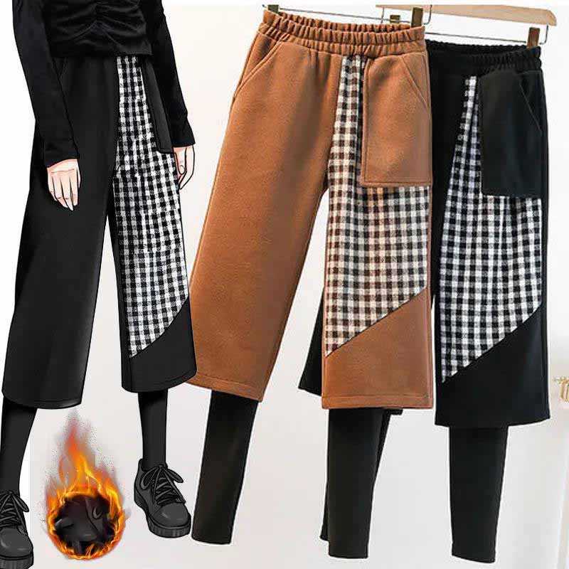Plus Size Women's Autumn and Winter Look Thin Fake Two-piece Leggings Plus Velvet Thick Fat Sister Plaid Woolen Wide-leg Pants