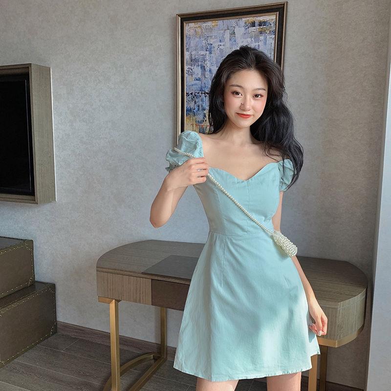 Mint Green French Square Collar Simple Waist Waist Thin Elegant Puff Sleeve A-line Dress Dress Women