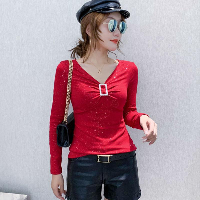 Women's Spring and Autumn Solid Color Long Sleeve Bottoming Shirt V-Neck Slim Top