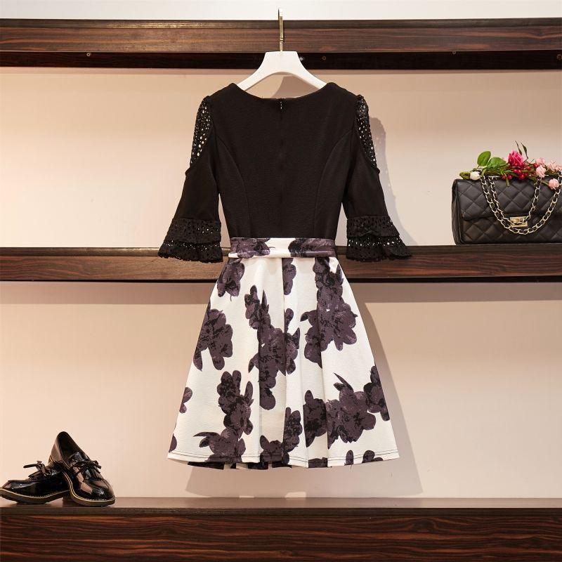 Plus Size Dress Women Fake Two-piece Skirt Dress Summer Loose Half  Sleeve Printed Dress