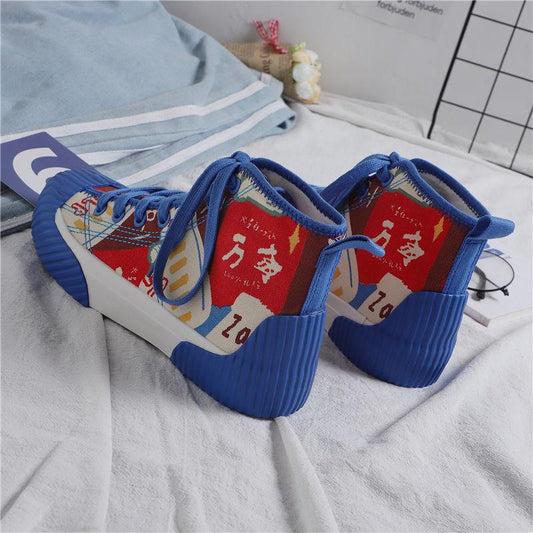 High-top Canvas Shoes Women's Shoes 2020 Canvas Shoes Blue Wild Retro Ins Hand-painted Printing Graffiti Shoes