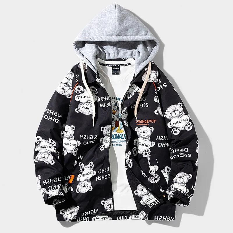 Heart Bear Print Jacket Spring Hooded Windbreaker Men Casual Loose Coat Soft Comfortable Top Regular