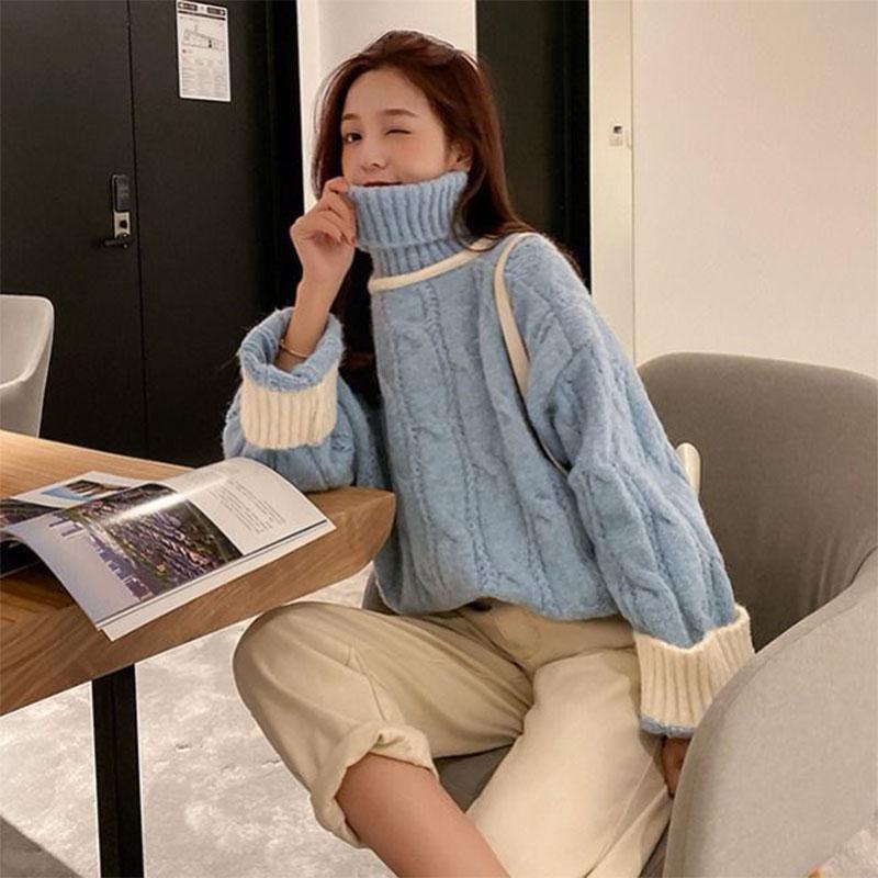 Korean Version of Thick Color-blocking Twist Turtleneck Sweater for Female Students Sweet and Versatile Pullover Sweater