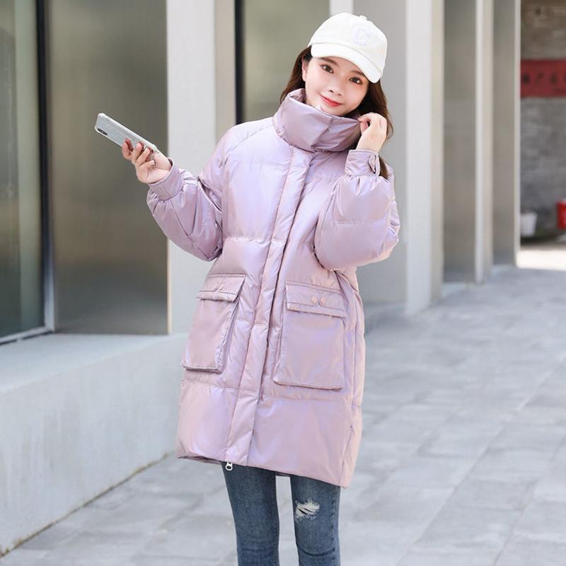 Women's Winter Korean Loose Quilted Coat Warm Stand-collar Down Jacket Women's Glossy Mid-length Down Jacket