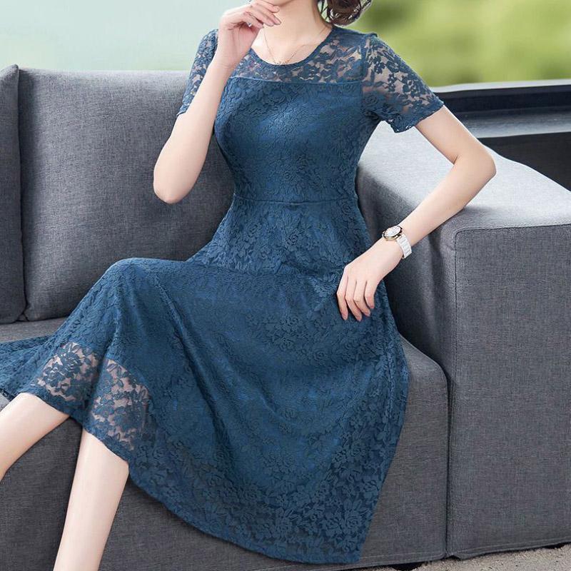 Women's Short-sleeved Lace Dress Loosely Cover Belly Look Thin Spring Summer Plus Size Temperament Women's Clothing