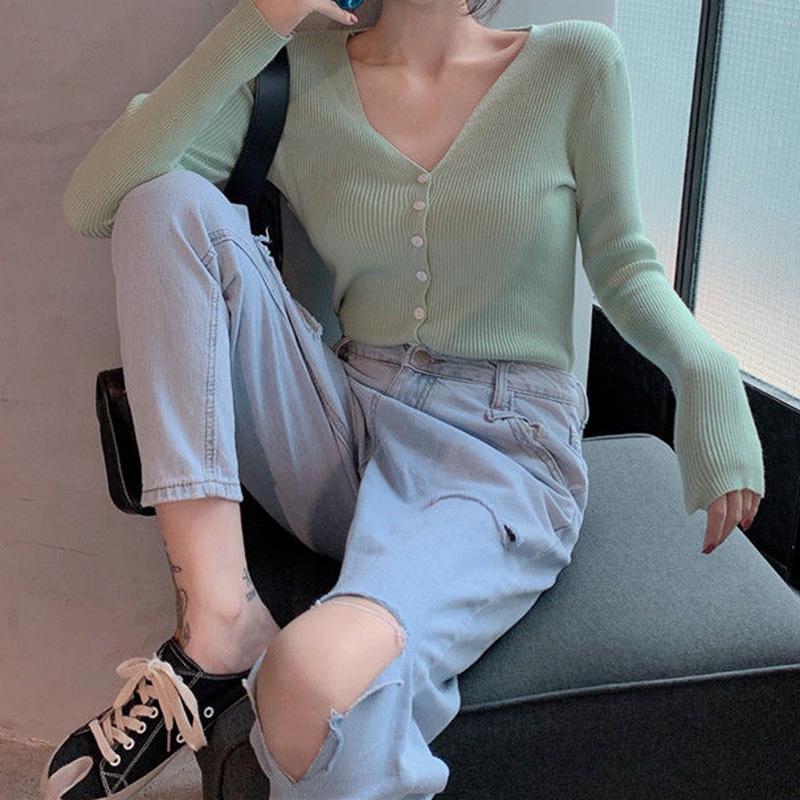 V-neck Solid Color Button Long-sleeved Knitted Bottoming Shirt Tops Women Spring and Autumn New Slim All-match Cardigan Casual Jacket