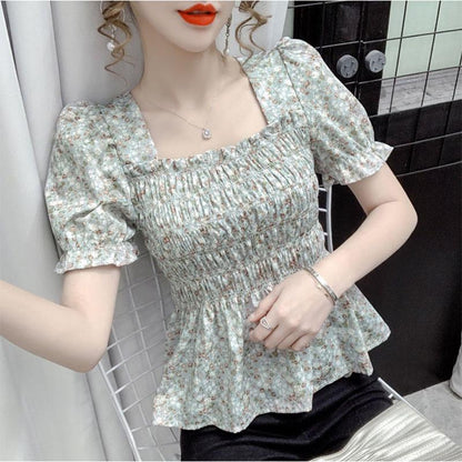 French Design Ladies Top Square Neck Fungus Edge Small Floral Chiffon Pullover Short Sleeves