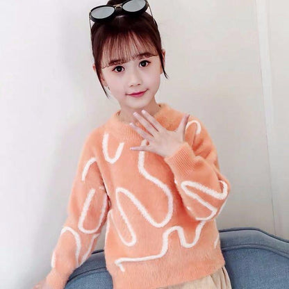Autumn and Winter Thick Sweater Round Neck Low Neck Long Sleeve Sweater Little Girl Fashion Jacket
