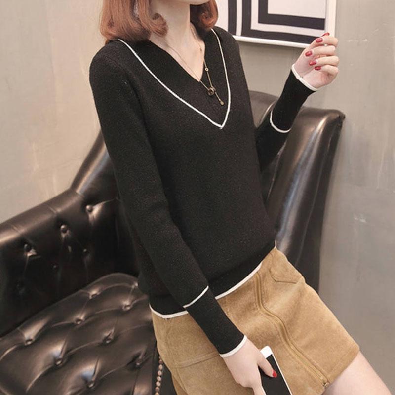 Women's  V-neck Loose Plus Size Pullover Sweater Long-sleeved Knitted Sweater Jumper Top