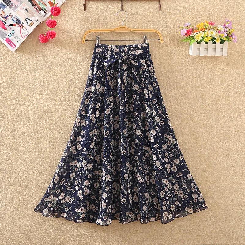 Spring and Summer Mid-length Chiffon Print Bow Boho Beach Skirt Women's Skirt